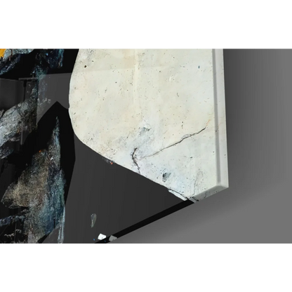 White marble mantel with black veining above vibrant geometric wall art