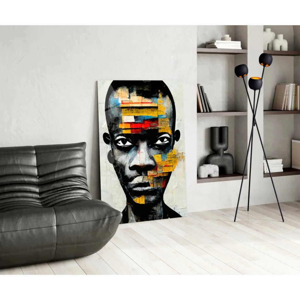 Vibrant geometric abstract portrait of man on glass wall art