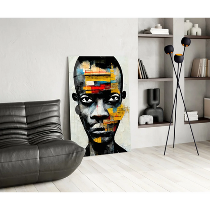 Vibrant geometric abstract portrait of man on glass wall art