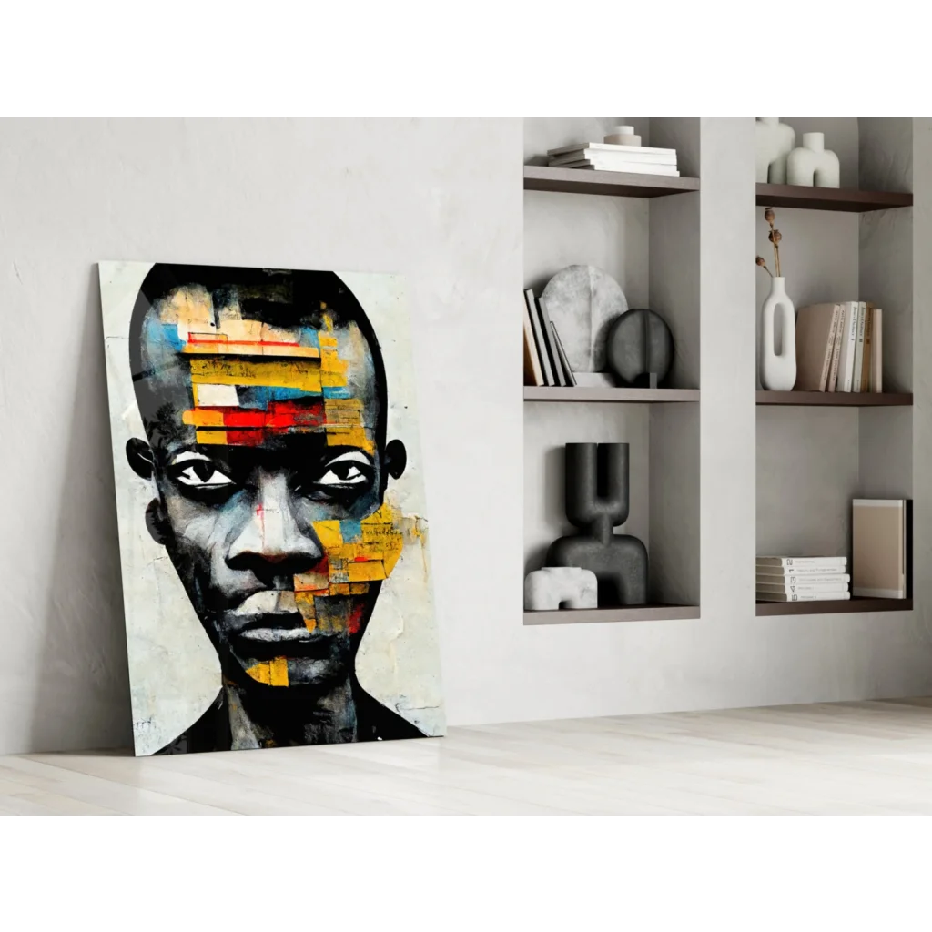 Modern abstract man portrait with geometric shapes and vibrant colors on glass wall art