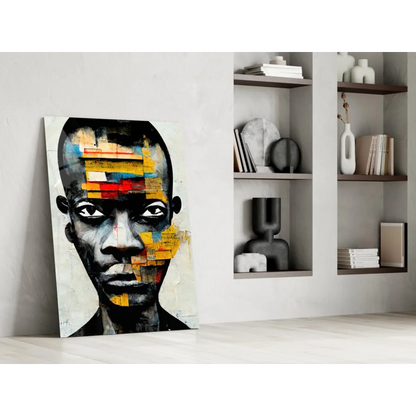 Modern abstract man portrait with geometric shapes and vibrant colors on glass wall art
