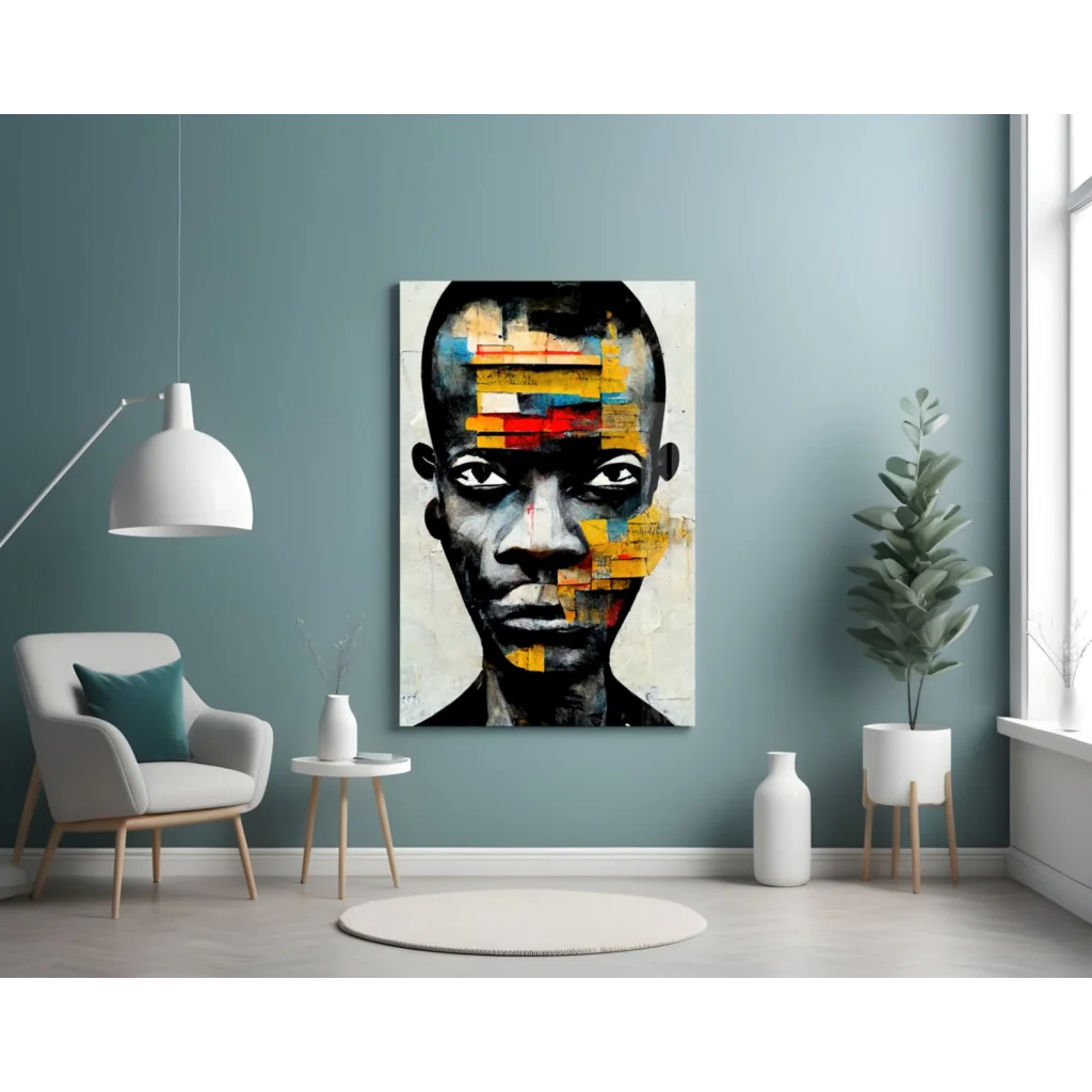 Vibrant geometric portrait wall art with bold abstract colors and textured face design