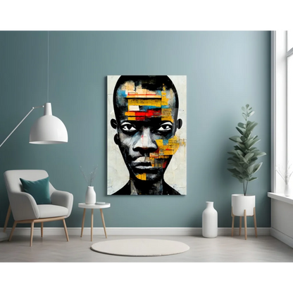Vibrant geometric portrait wall art with bold abstract colors and textured face design