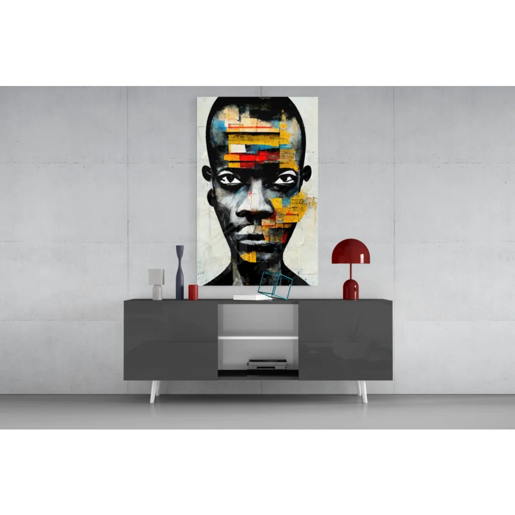 Vibrant geometric portrait wall art with bold abstract colors