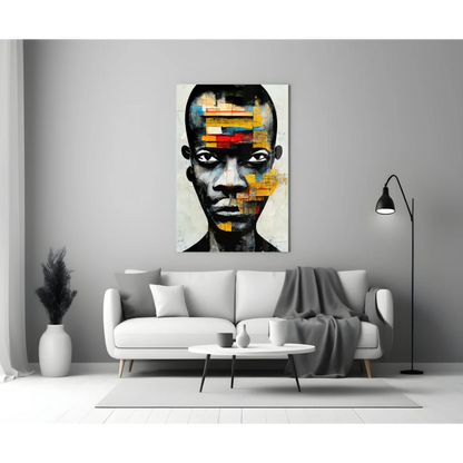 Vibrant geometric portrait wall art of black mans face with bold abstract colors