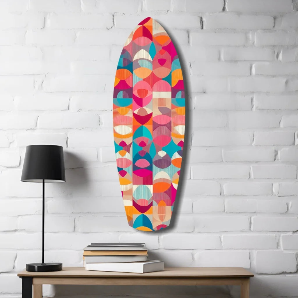 Vibrant geometric surfboard tempered glass art with size comparison