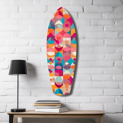Vibrant geometric surfboard tempered glass art with size comparison