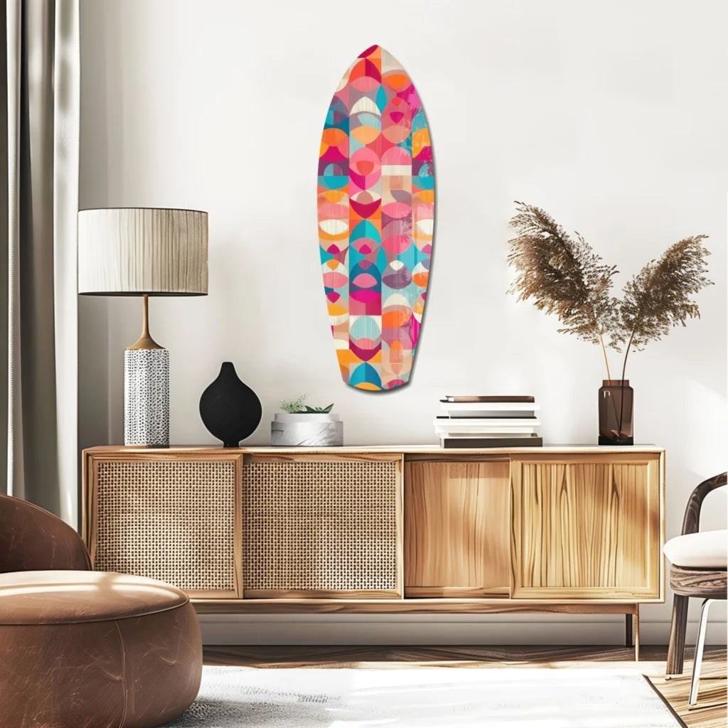 Vibrant multi-colored geometric surfboard tempered glass art with size comparison