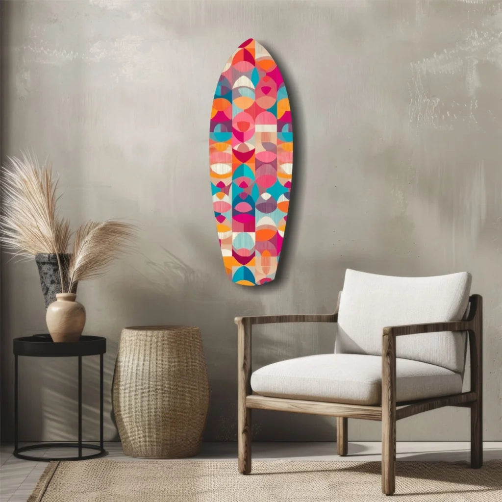 Vibrant geometric surfboard tempered glass art with size comparison