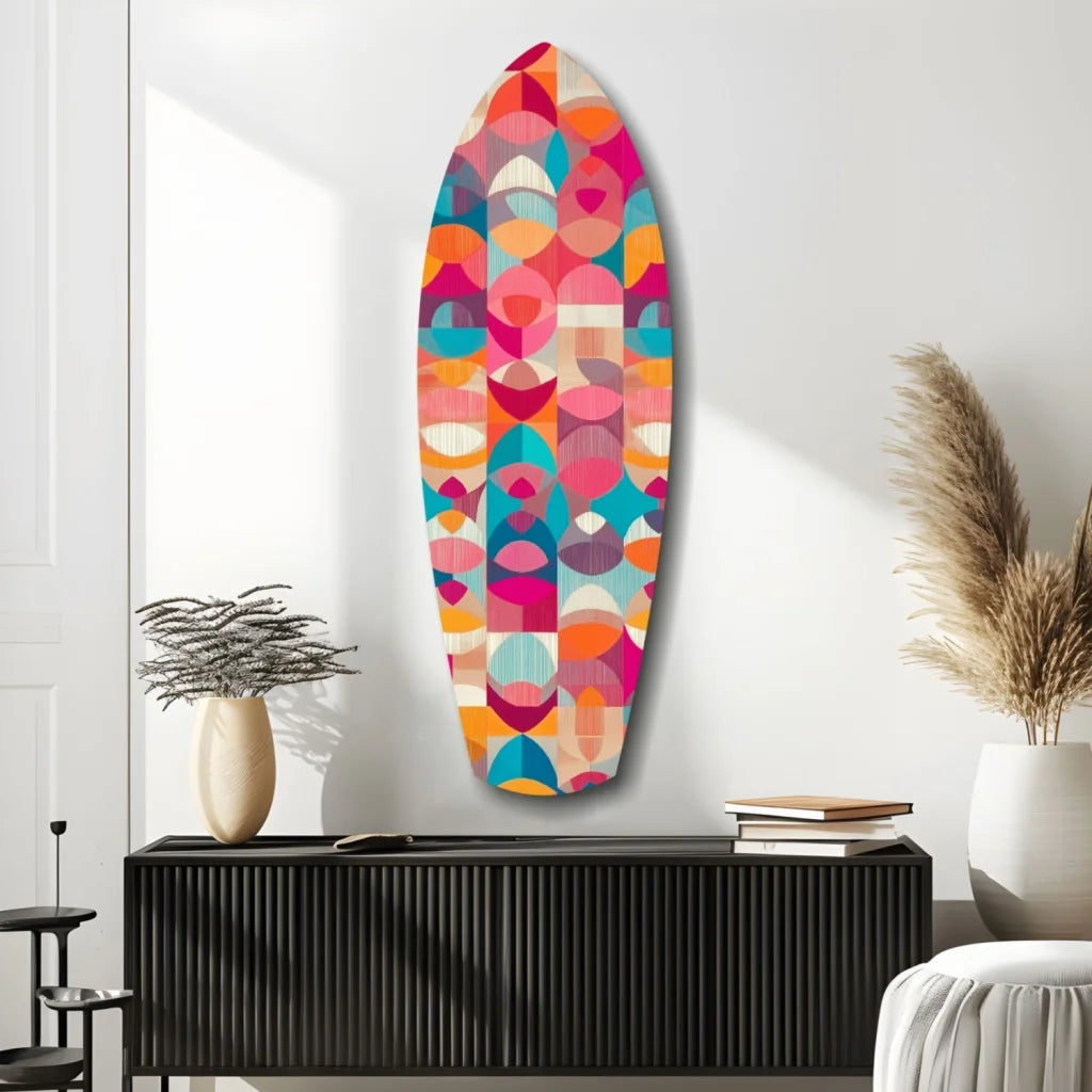 Vibrant geometric surfboard tempered glass art with size comparison
