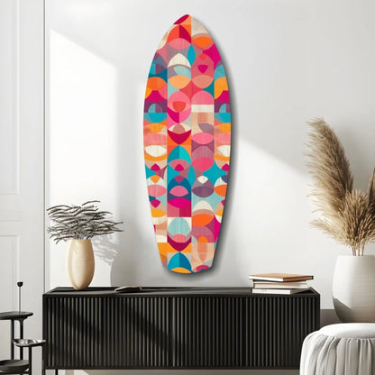 Vibrant geometric surfboard tempered glass art with size comparison
