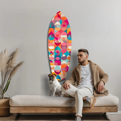 Vibrant multi-colored geometric surfboard tempered glass art with size comparison