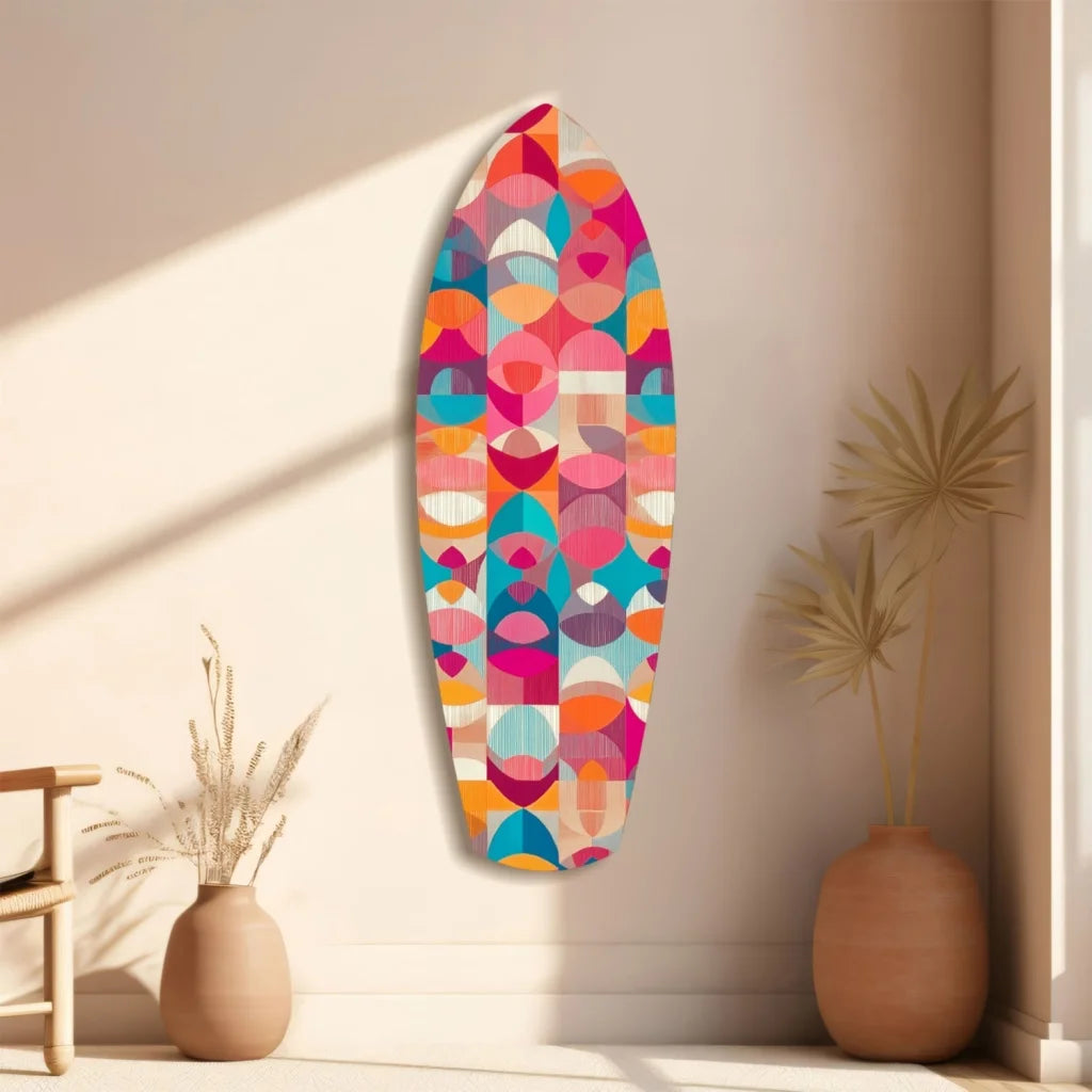 Vibrant geometric surfboard tempered glass art with size comparison