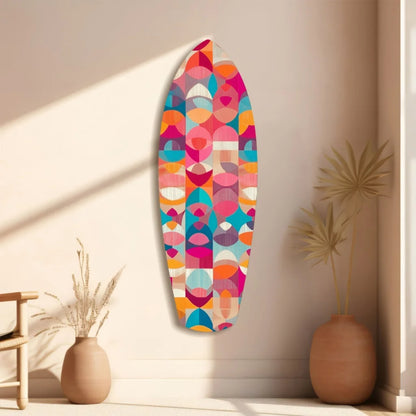 Vibrant geometric surfboard tempered glass art with size comparison