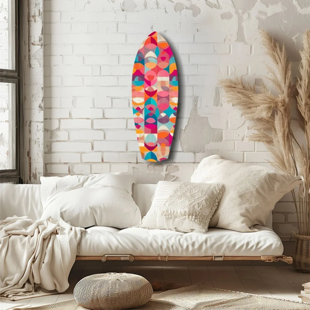 Vibrant geometric surfboard tempered glass art with size comparison