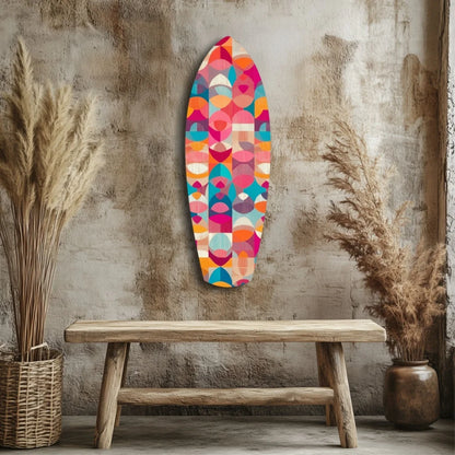 Vibrant multicolored geometric surfboard tempered glass art with wooden frame