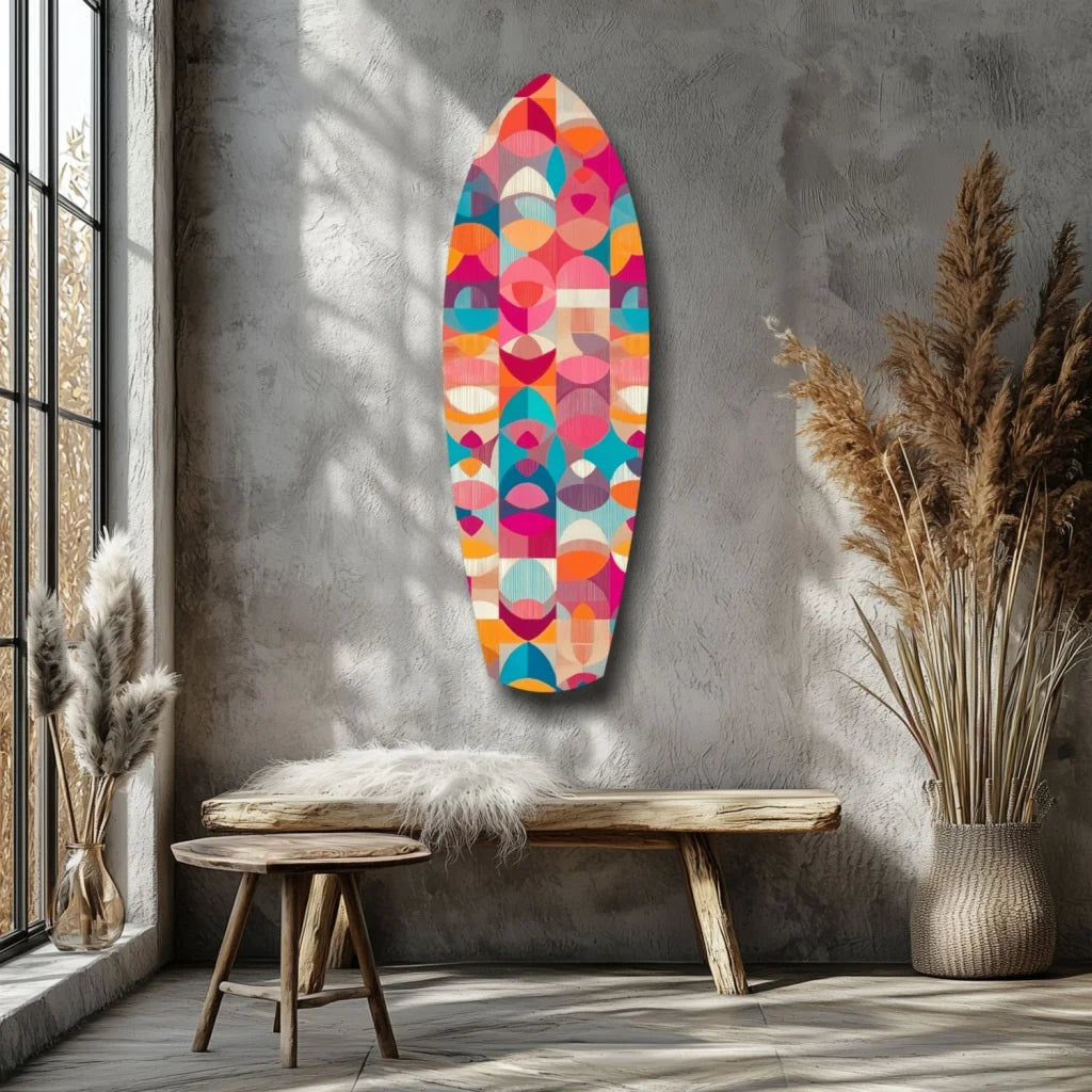 Vibrant multicolored geometric surfboard tempered glass art with circles and triangles