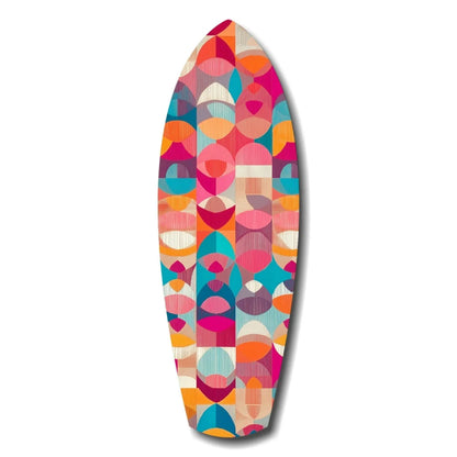 Vibrant geometric surfboard tempered glass art with size comparison