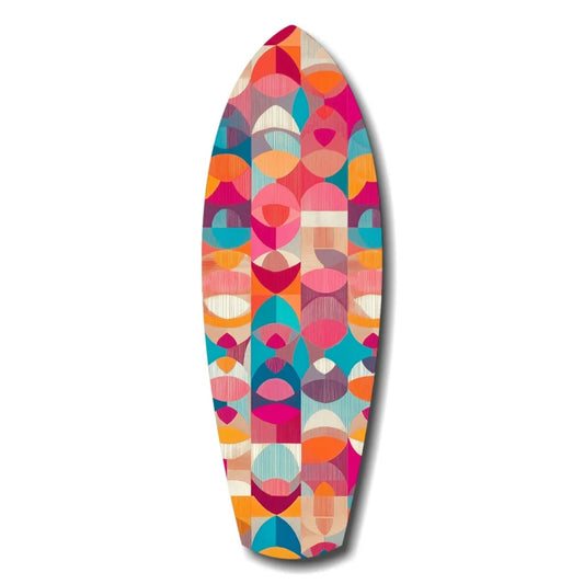 Vibrant geometric surfboard tempered glass art with size comparison