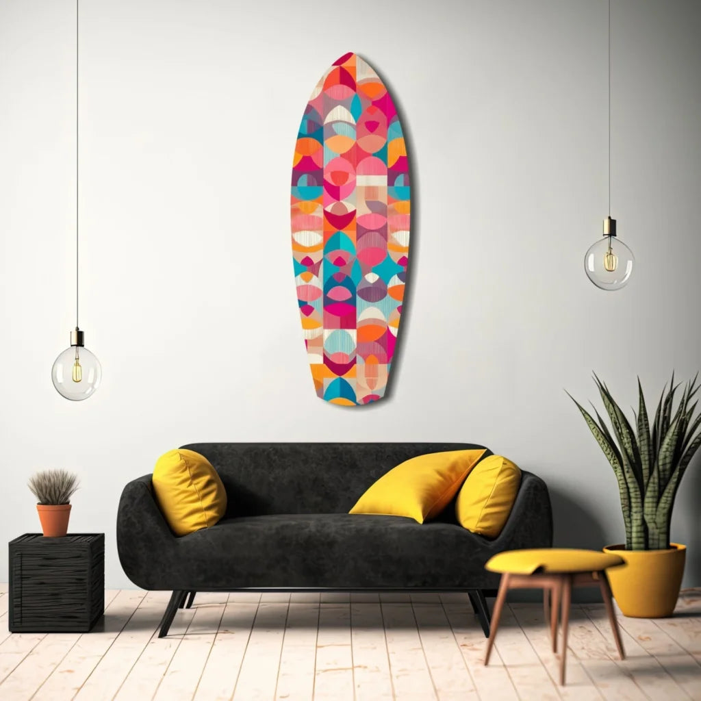 Vibrant geometric surfboard tempered glass art with size comparison