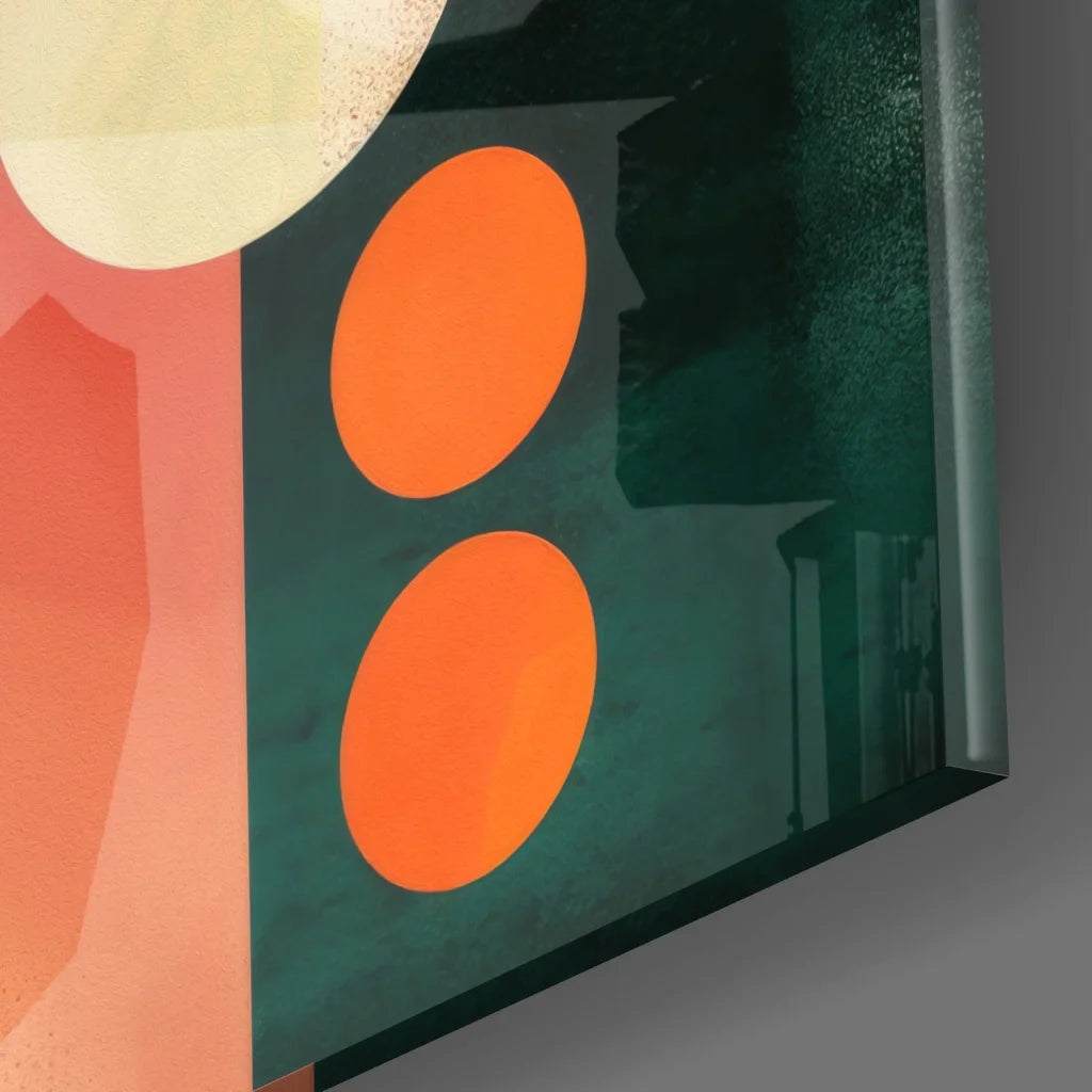 Vibrant green abstract glass art with orange circles, tempered glass design