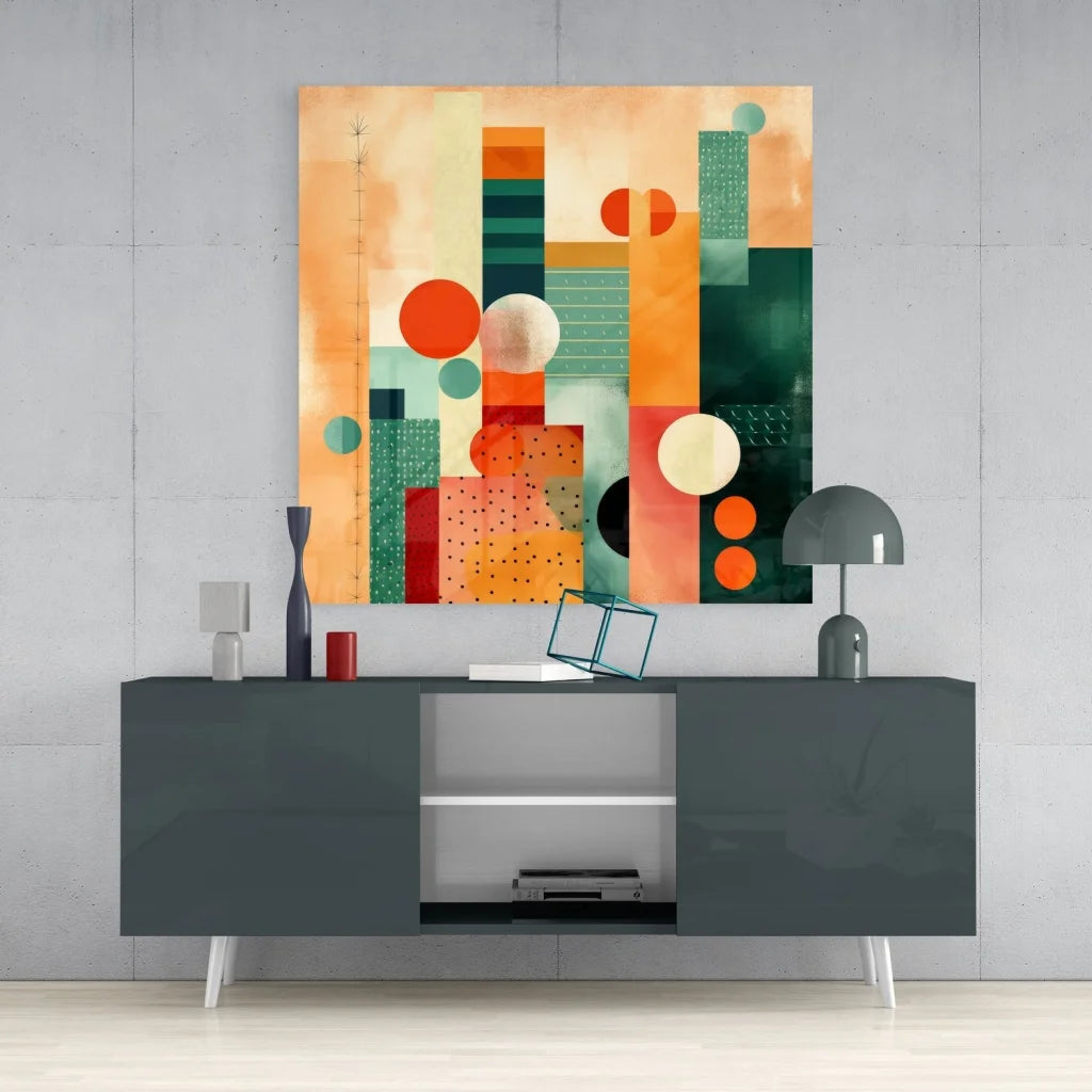 Modern gray sideboard with white legs, open compartments, and vibrant tempered glass art