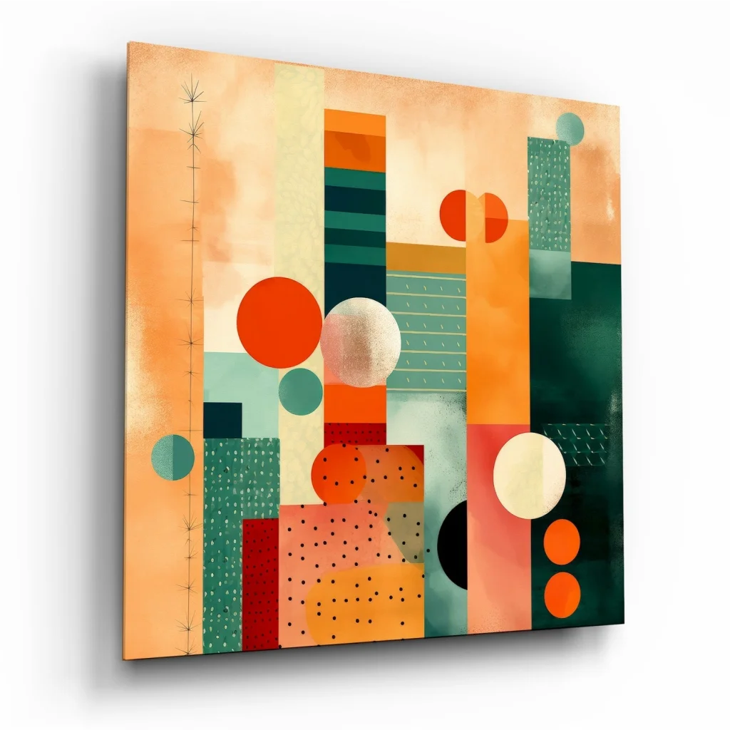 Vibrant geometric tempered glass art with bold orange, green, blue colors