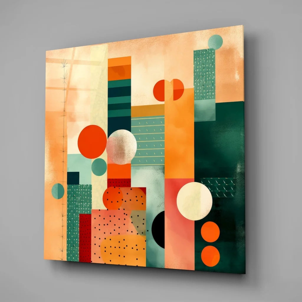 Vibrant orange and green tempered glass art with bold geometric shapes