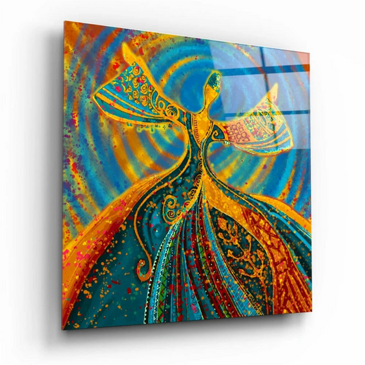 Vibrant glass wall art with gold angel wings in orange blue hues