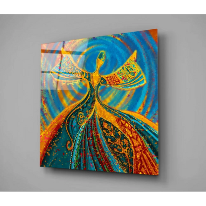 Vibrant blue and orange glass wall art with dancing figure and flowing dress