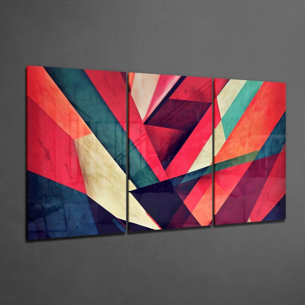 Vibrant glass wall art print with bold geometric shapes in reds, blues, greens, gold