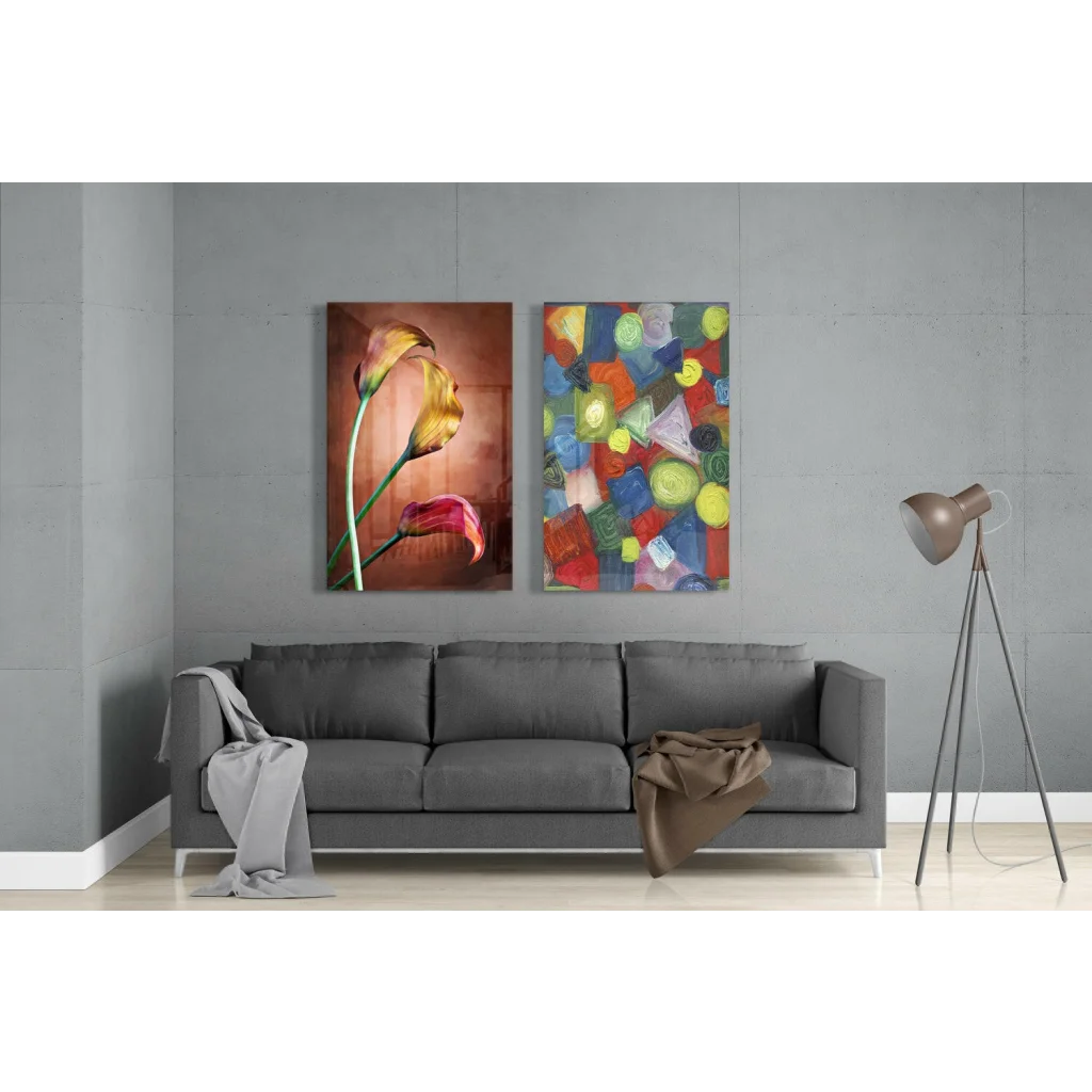 Vibrant glass wall art with bold geometric florals on canvas