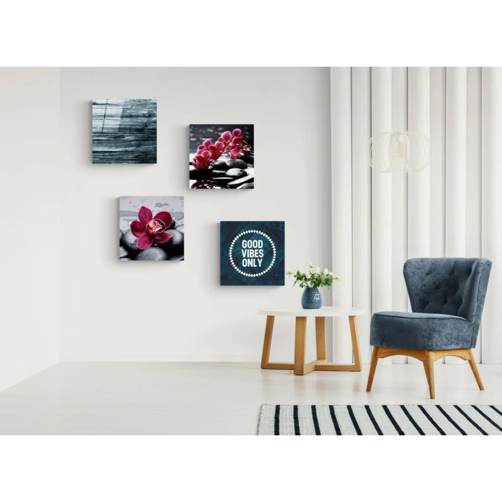 Blue tufted armchair with wooden legs and vibrant glass wall art set