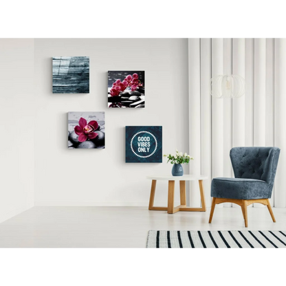 Blue tufted armchair with wooden legs and vibrant glass wall art set