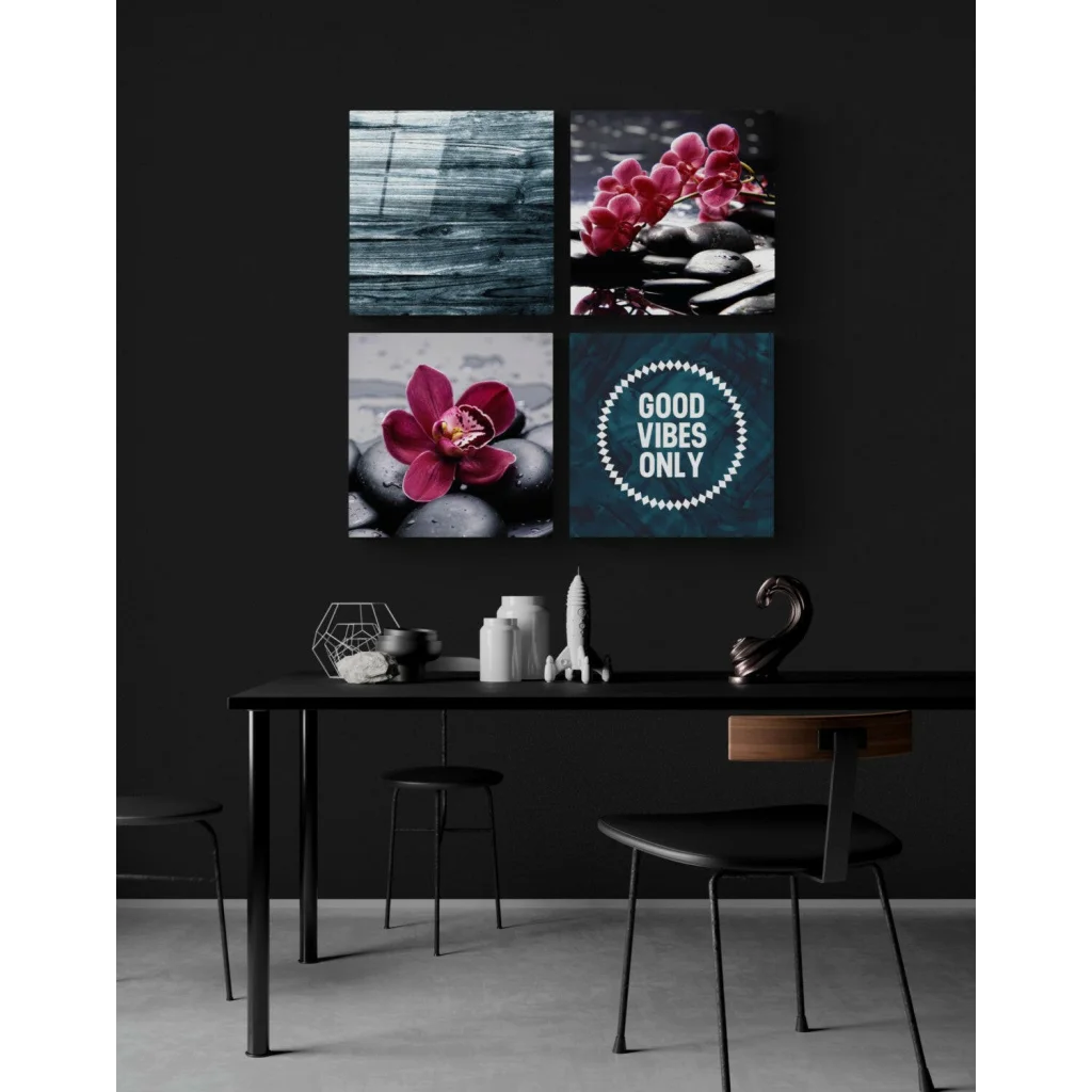 Vibrant glass wall art set of 4 pink orchid prints with good vibes quote
