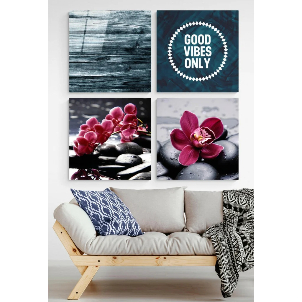 Vibrant glass wall art set with orchid prints and good vibes quote