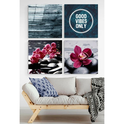 Vibrant glass wall art set with orchid prints and good vibes quote