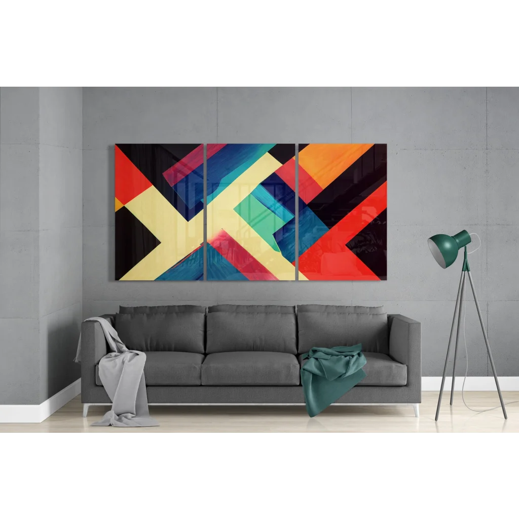 Vibrant glass wall art triptych with bold geometric shapes