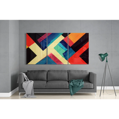Vibrant glass wall art triptych with bold geometric shapes