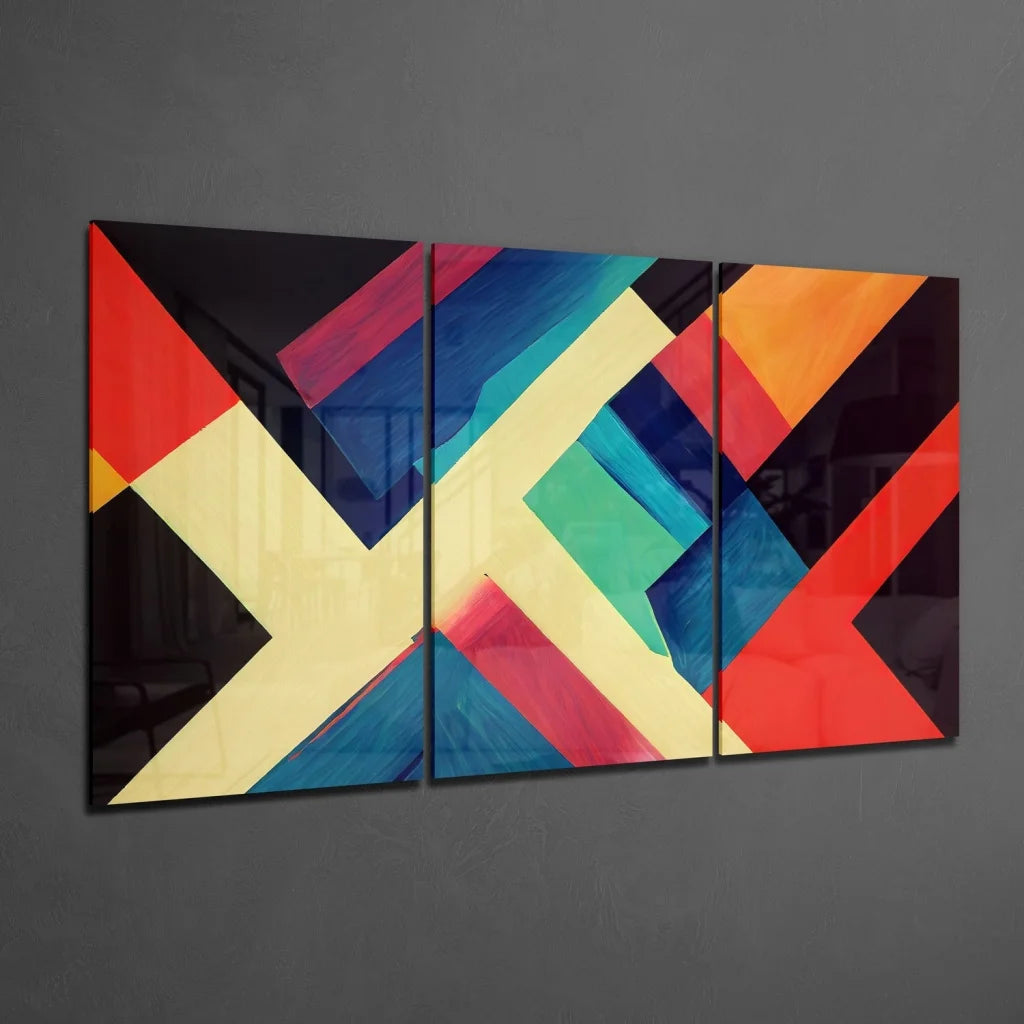 Glass Wall Art Vibrant glass wall art triptych with bold geometric shapes