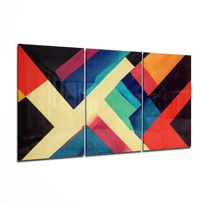 Vibrant glass wall art triptych with bold geometric shapes