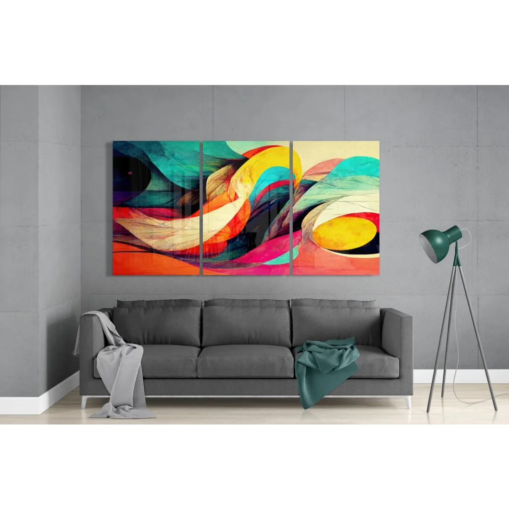 Vibrant glass wall art triptych with multi-colored abstract flowing lines