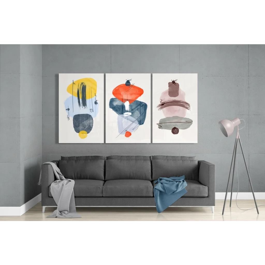Vibrant 3-panel glass wall art triptych in modern abstract design