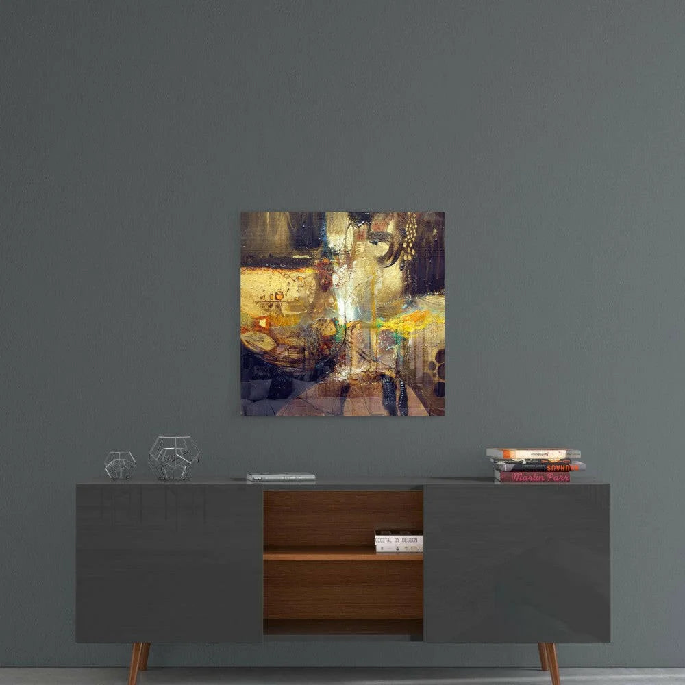 Modern black sideboard with sleek legs under vibrant gold black abstract wall art