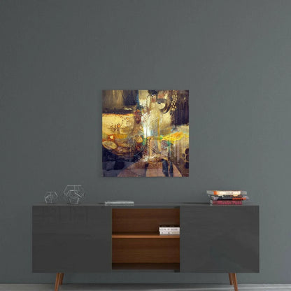 Modern black sideboard with sleek legs under vibrant gold black abstract wall art