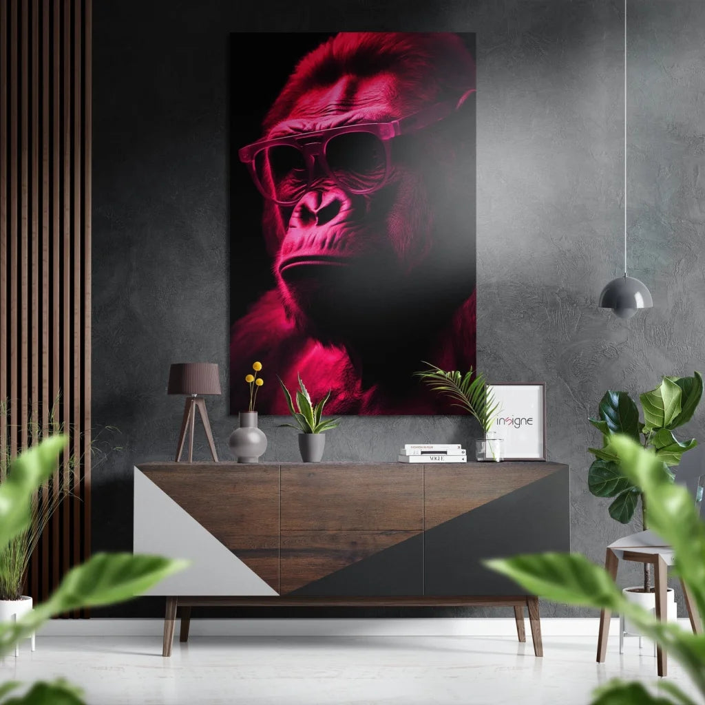 Vibrant red gorilla in sunglasses and hoodie on brushed aluminium dibond panel
