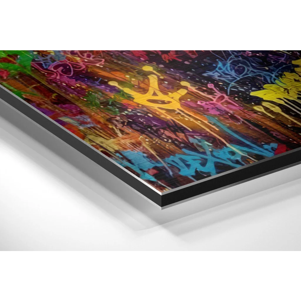 Vibrant yellow crown graffiti on brushed aluminium dibond canvas