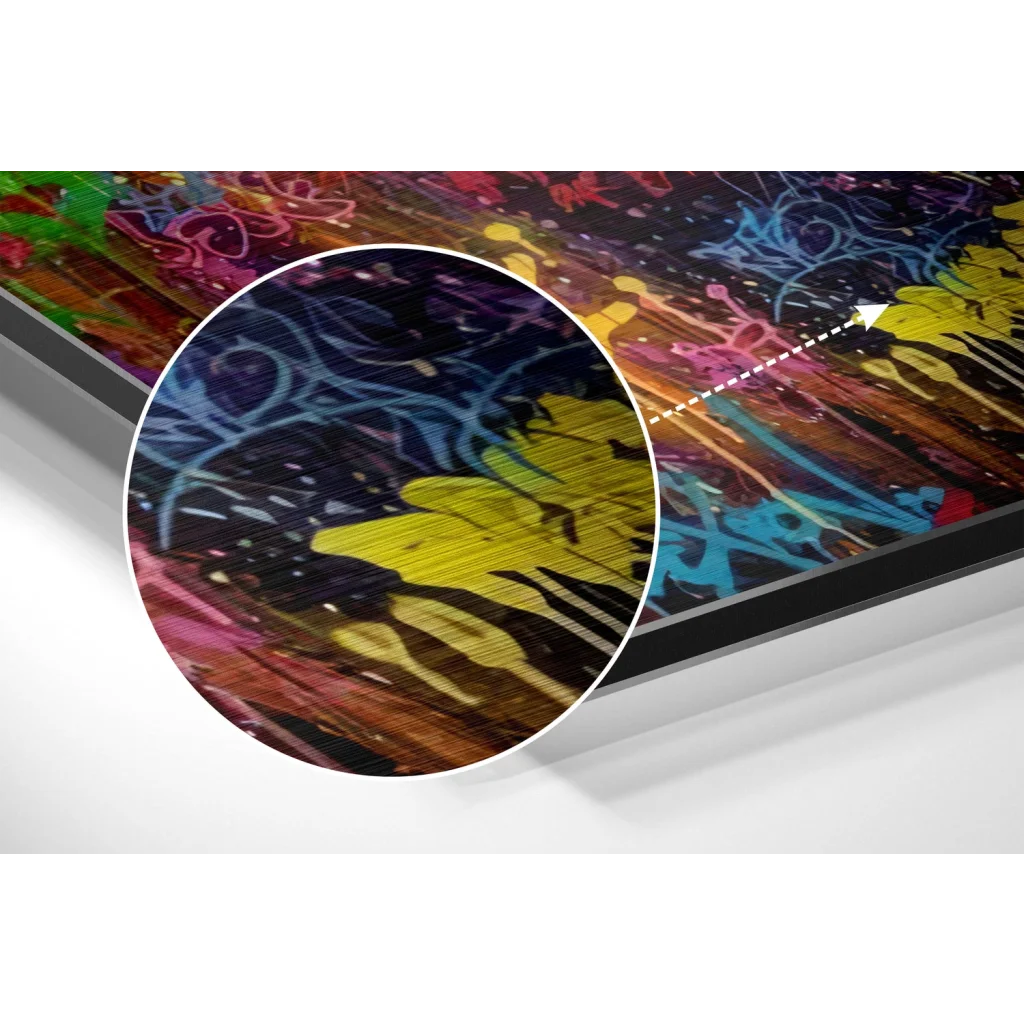 glass wall art Vibrant graffiti art print on brushed aluminium dibond canvas