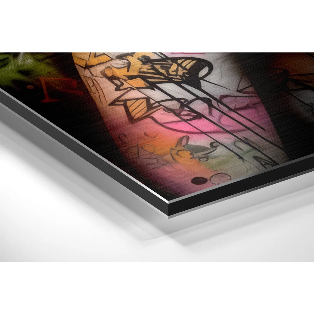 Glass Wall Art Vibrant graffiti art poster on brushed aluminium dibond with musical notes