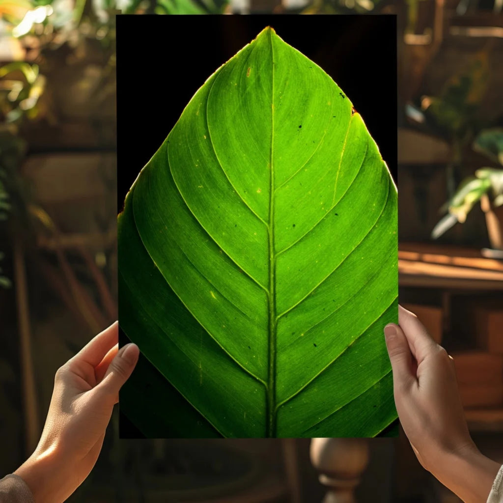 Vibrant green leaf aluminum print with detailed vein patterns